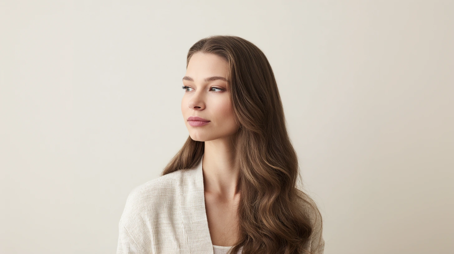 Donna con capelli lunghi, naturalmente modellati, con extension clip-in.