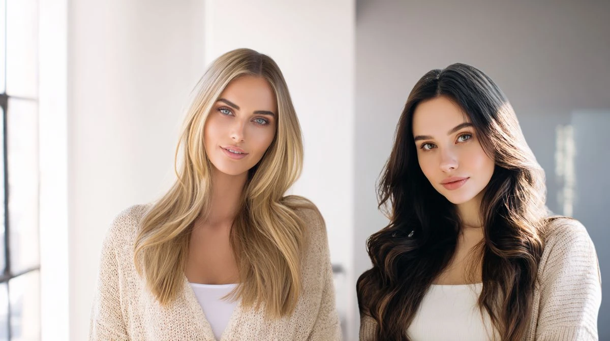 Dvije žene s dugom, prirodnom kosom s ekstenzijama na češljice.